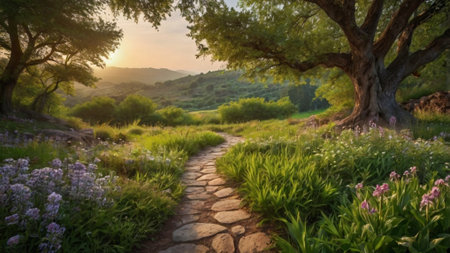 Stone path in the garden at sunset, with trees and flowers in the foregroundの写真素材