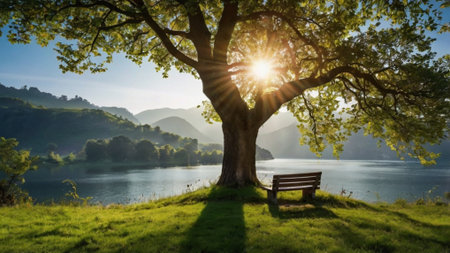 Bench under a tree in the middle of a lake in the mountainsの写真素材