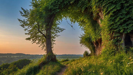 Sunset over a beautiful green meadow with trees in the foregroundの写真素材