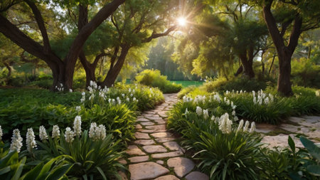Stone pathway in the garden with green trees and flowers at sunset.の写真素材