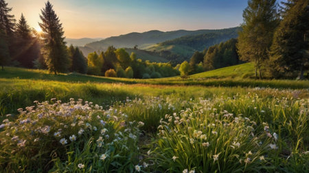 Sunset over the meadow in the Carpathian Mountains.の写真素材