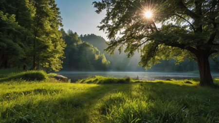 Sunrise on the lake in the forest with green grass and treesの写真素材
