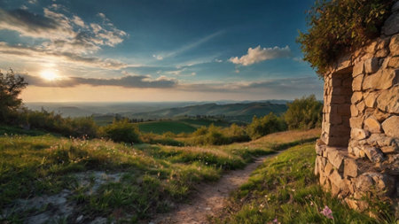 Sunset in Tuscany, Italy. Panoramic view of Tuscan countrysideの写真素材