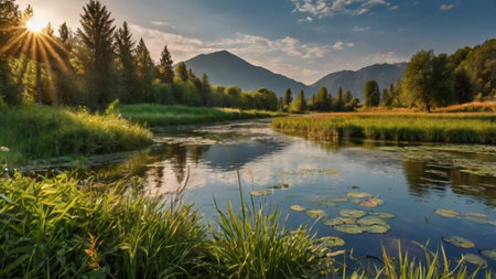 Landscape with a river in the Altai mountains, Russia.の写真素材