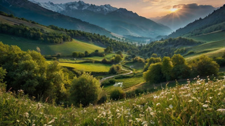 Mountain landscape in the morning light. Transylvania, Romaniaの写真素材