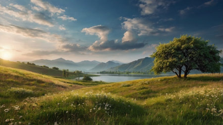 beautiful summer landscape with a lake in the Carpathian mountainsの写真素材