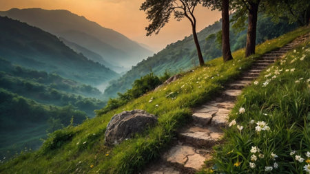 Path in the mountains at sunset. Beautiful landscape of the mountains.の写真素材
