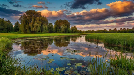 Beautiful summer landscape with a lake and clouds in the sky.の写真素材