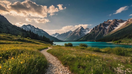 Panoramic view of the alpine lake in the Canadian Rockiesの写真素材