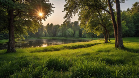 Sunset in the park. Beautiful summer landscape with river and treesの写真素材