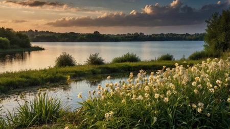 Sunset over the river. Beautiful summer landscape with lake and clouds.の写真素材