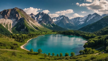 Panoramic view of beautiful alpine lake in the mountains.の写真素材