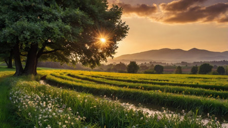 Sunset over the rice fields of Friuli Venezia Giulia, Italyの写真素材