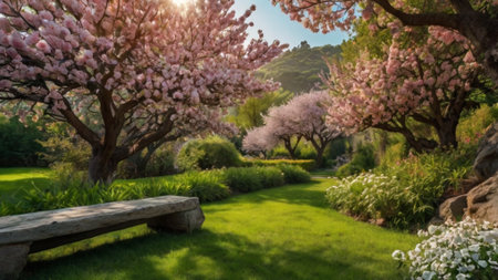 Beautiful spring garden with blooming magnolia tree and bench.の写真素材