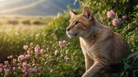 Orange cat sitting on the grass with flowers in the background. Sunset.