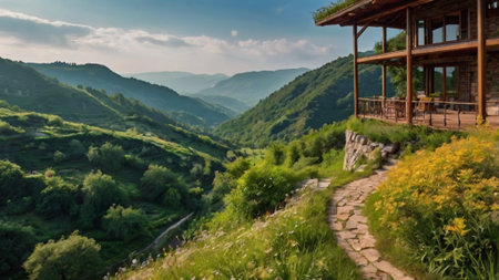 Panoramic view of the green hills and the wooden house.の写真素材