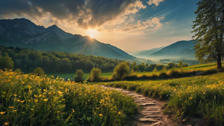 Beautiful summer landscape with meadow and mountains in the background.の写真素材