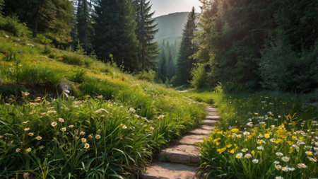 Path in the Carpathian mountains, Ukraine. Beautiful summer landscape.