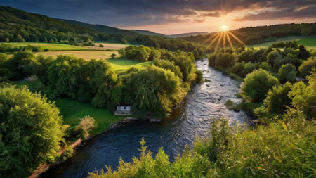 Aerial view of the Katun river at sunset.の写真素材