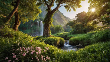 Waterfall in the forest at sunset. Beautiful nature landscape with waterfall.の写真素材