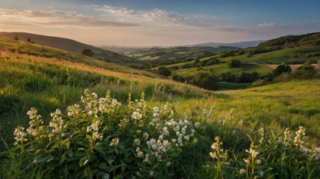 Landscape in Tuscany, Italy, Europe. Panoramic view of the hills at sunset.