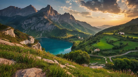 A panoramic view of the idyllic lake in the Dolomites.の写真素材