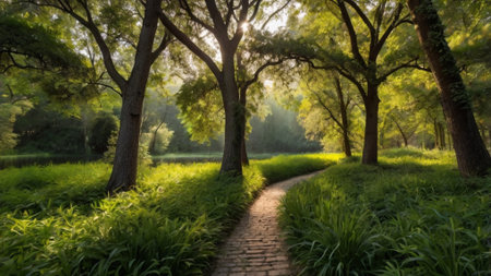 Sunset in the park with path and trees in the background.の写真素材