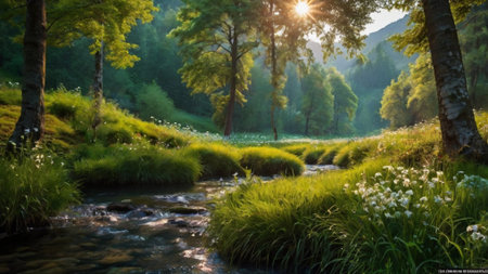 Mountain stream in the forest at sunrise. Beautiful summer landscape.の写真素材
