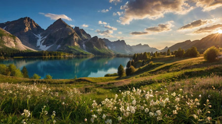 Beautiful alpine lake in the mountains at sunset, summer landscapeの写真素材