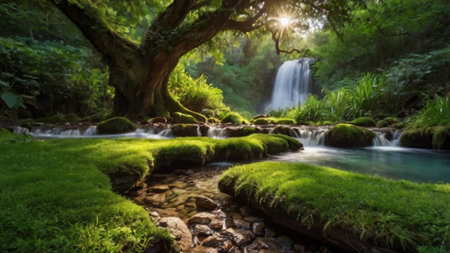 Waterfall in the forest. Beautiful waterfall in the green forest.の写真素材