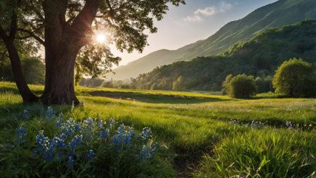 Sunset in the mountains with blue wildflowers and a treeの写真素材