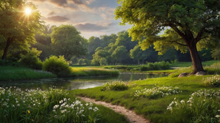 Beautiful summer landscape with river, meadow and trees at sunsetの写真素材