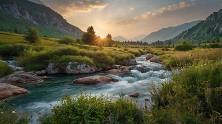 Mountain river at sunset. Beautiful summer landscape with a mountain river.の写真素材