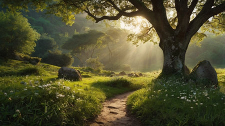 Sunrise in the forest with a path through the trees and grassの写真素材