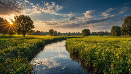 Panoramic view of a small river through a meadow at sunsetの写真素材