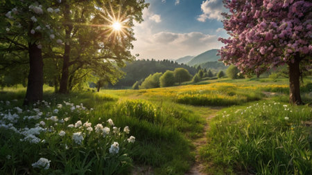 Beautiful spring landscape with blooming meadow, trees and sunの写真素材