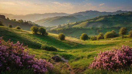 Rhododendron flowers in the mountains at sunset. Beautiful summer landscape.の写真素材