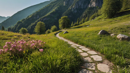 Beautiful mountain landscape with path and flowers in the foreground, Sloveniaの写真素材