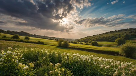 Panoramic view of meadows and fields at sunset in summerの写真素材