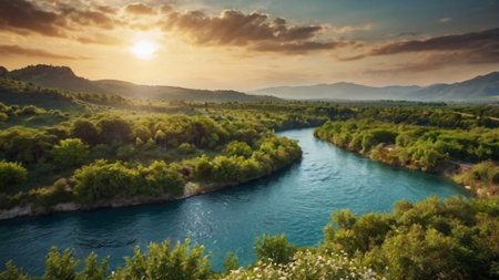Panoramic view of the turquoise river and the mountains at sunsetの写真素材