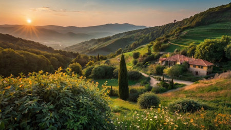 Panoramic view of Tuscany hills at sunset, Italy