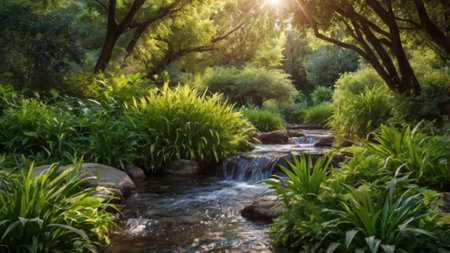 Beautiful summer landscape with a small river flowing through the forest.の写真素材