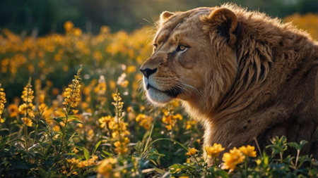 Lion in a meadow of yellow lupins at sunsetの写真素材