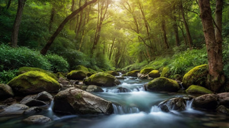 Mountain river flowing in the forest. Beautiful nature landscape background.の写真素材