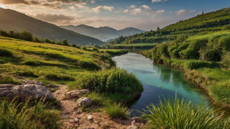 River in the mountains at sunset. Beautiful summer landscape in the mountains.の写真素材