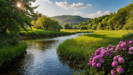 Beautiful summer landscape with a river in the mountains. Ukraine.の写真素材