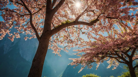 Beautiful cherry blossom tree in spring with sun and blue skyの写真素材