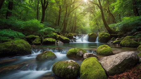 beautiful waterfall in green forest with sun rays and long exposure.の写真素材