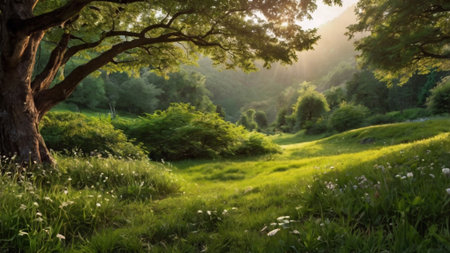 Sunset in the forest. Beautiful summer landscape with green grass and trees.の写真素材