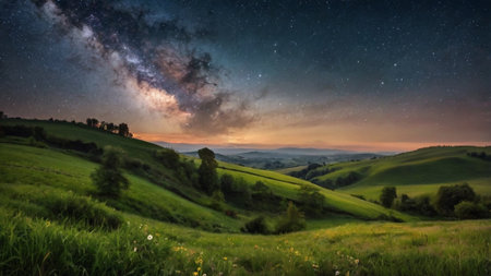 Milky Way over a green meadow in Tuscany, Italyの写真素材